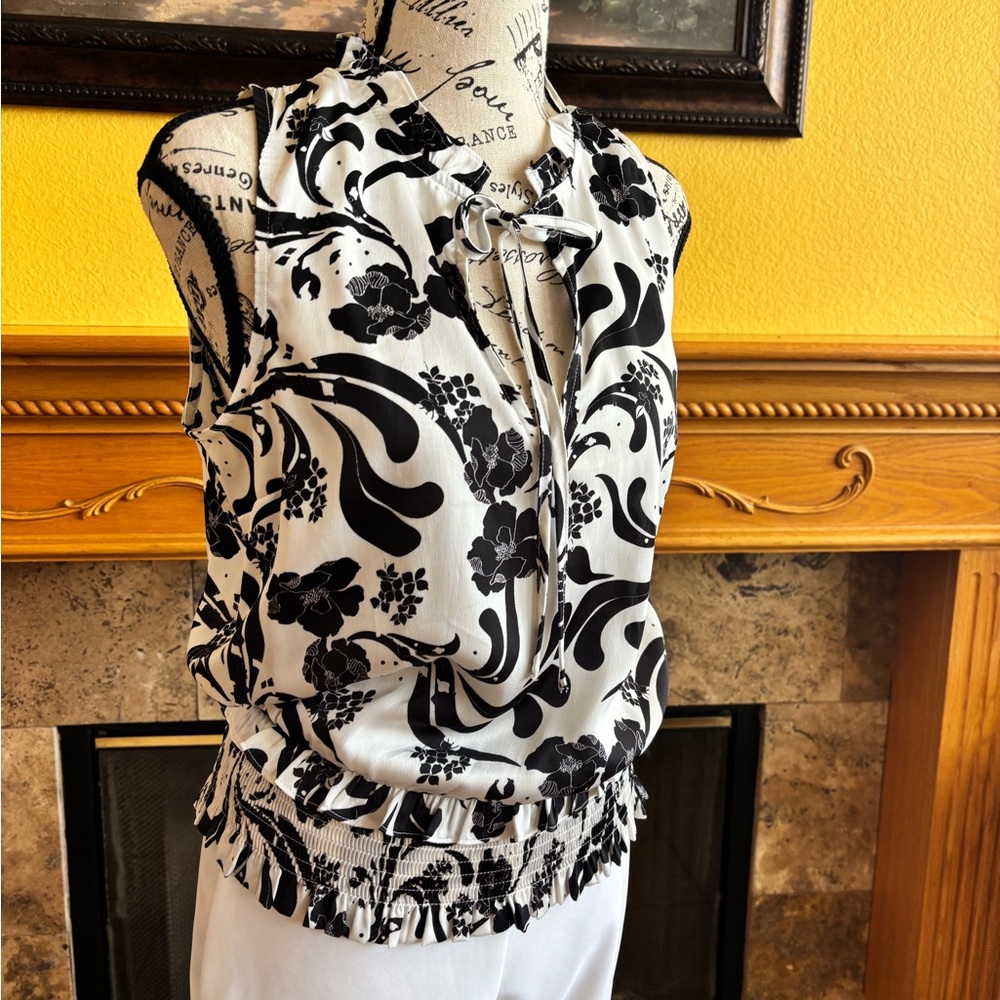 INC International Concepts Black and White Smocked Tie Front Blouse